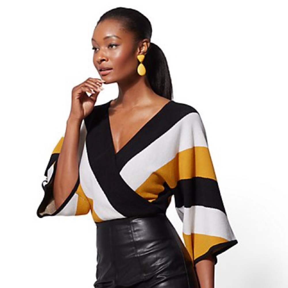 New York & Company - Stripe V-neck Wrap Top - L